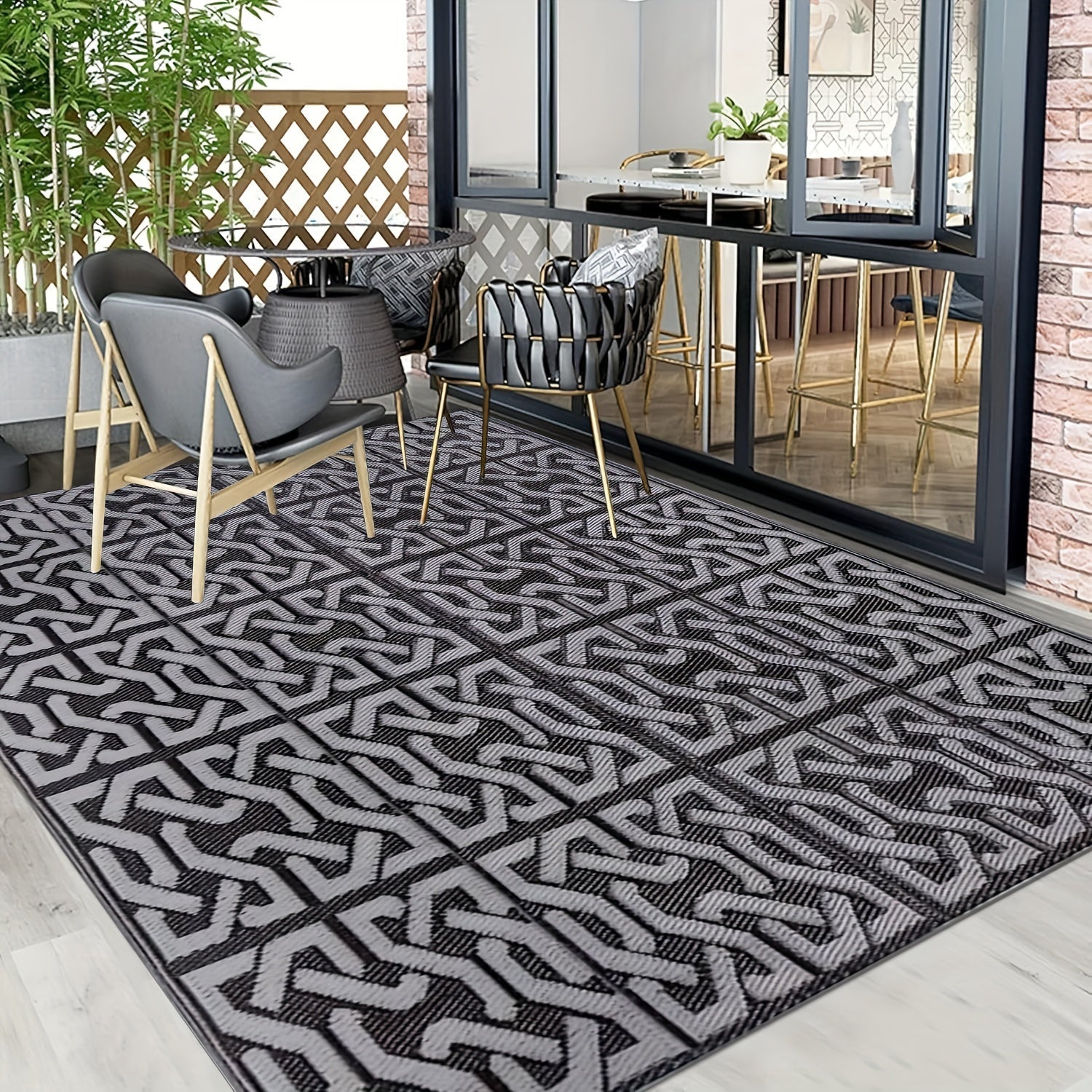 Reversible Outdoor Patio Rug, Black and Grey