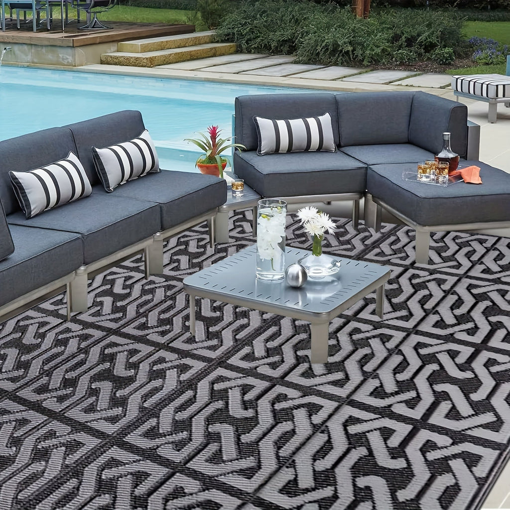 Reversible Outdoor Patio Rug, Black and Grey