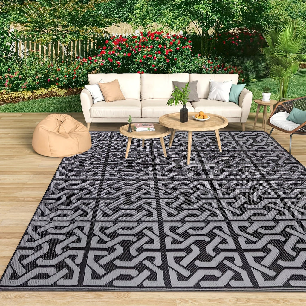 Reversible Outdoor Patio Rug, Black and Grey
