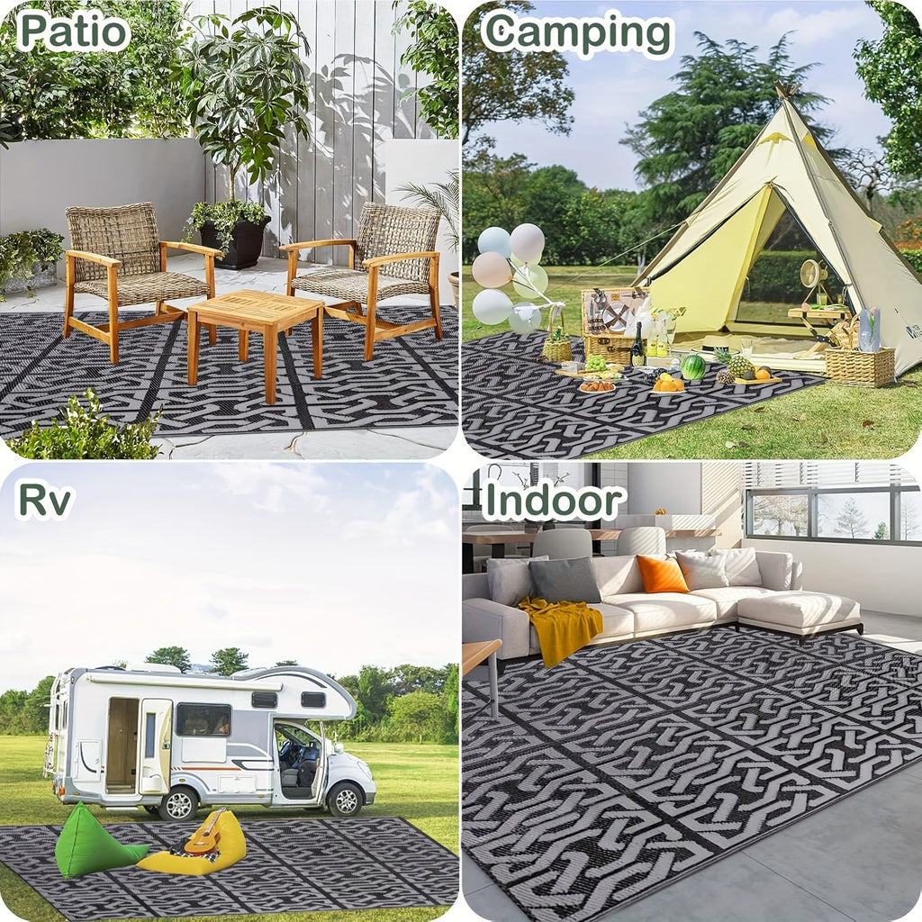 Reversible Outdoor Patio Rug, Black and Grey