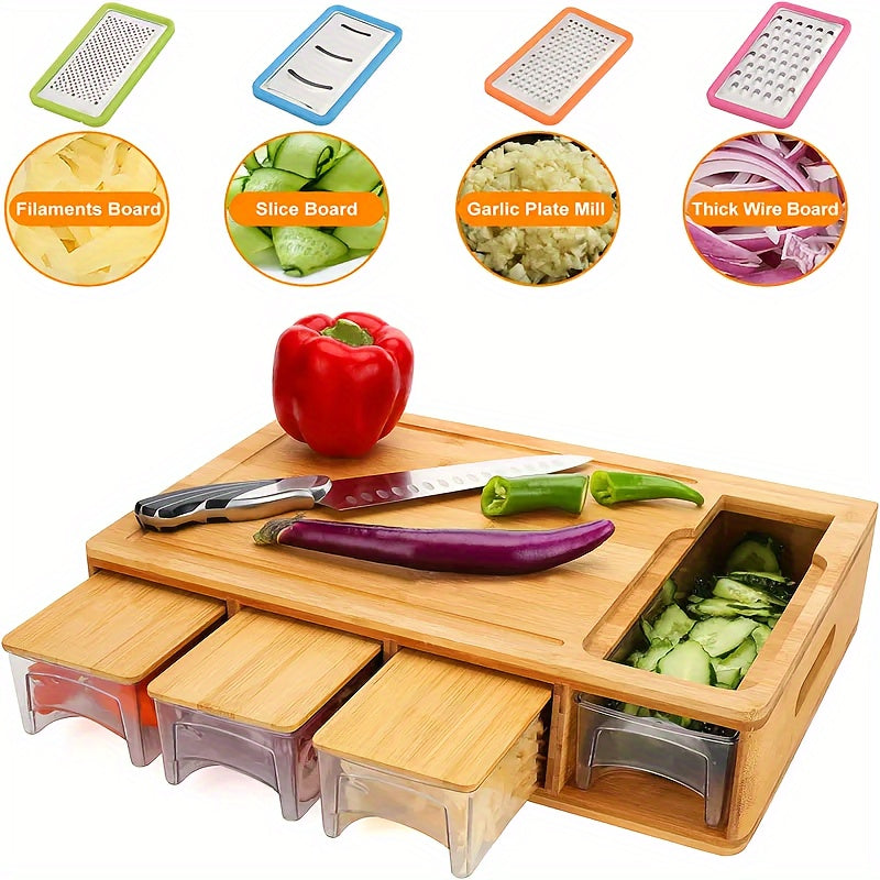 Bamboo Cutting Board with Trays and Graters