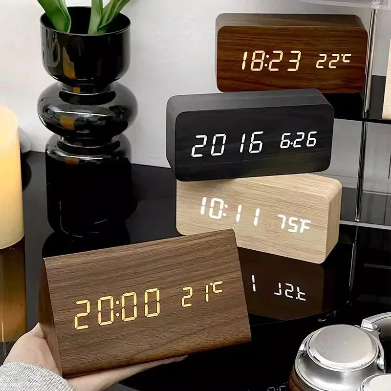 LED Smart Alarm Clock with Wooden Finish