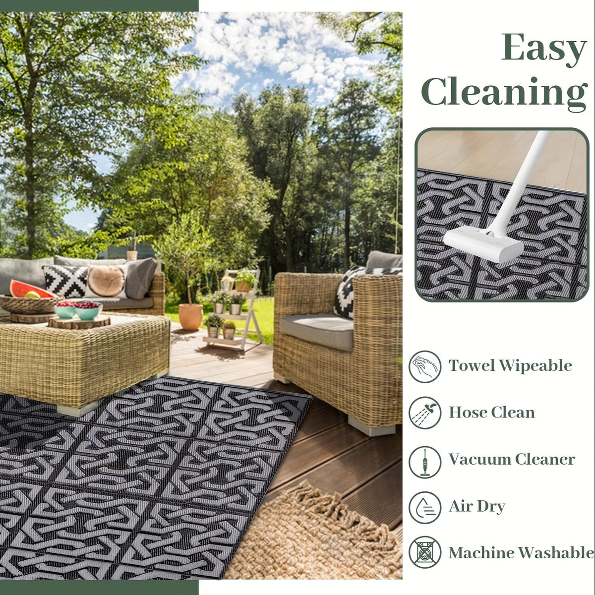 Reversible Outdoor Patio Rug, Black and Grey