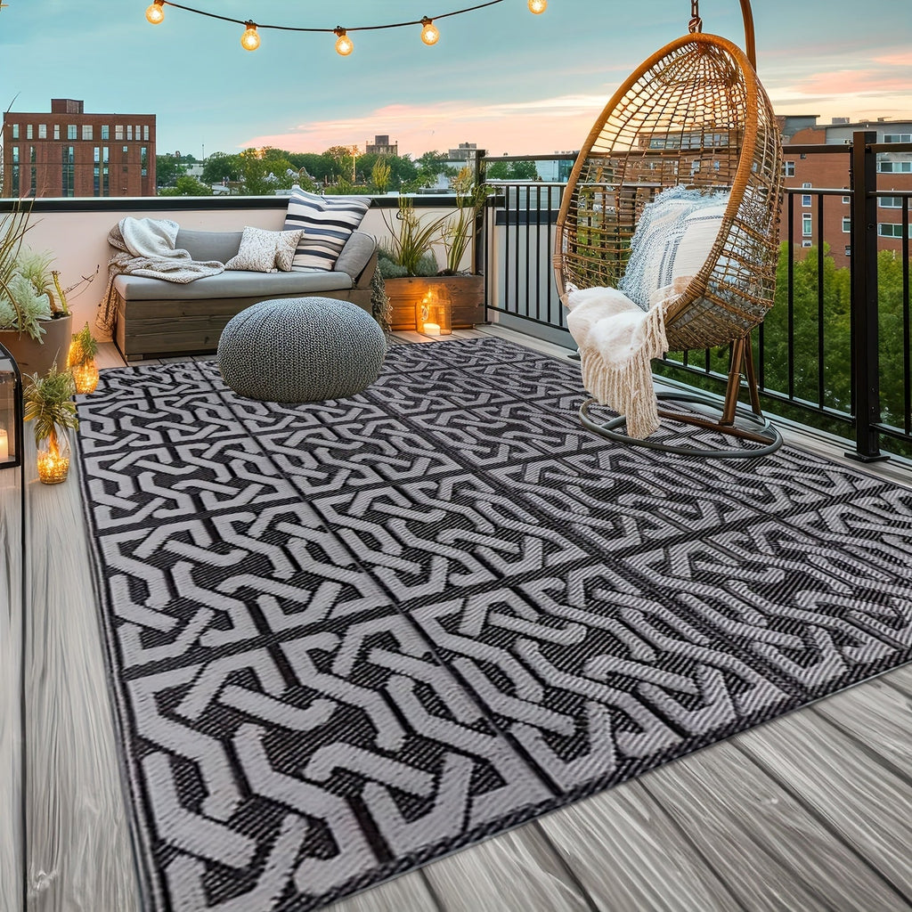 Reversible Outdoor Patio Rug, Black and Grey